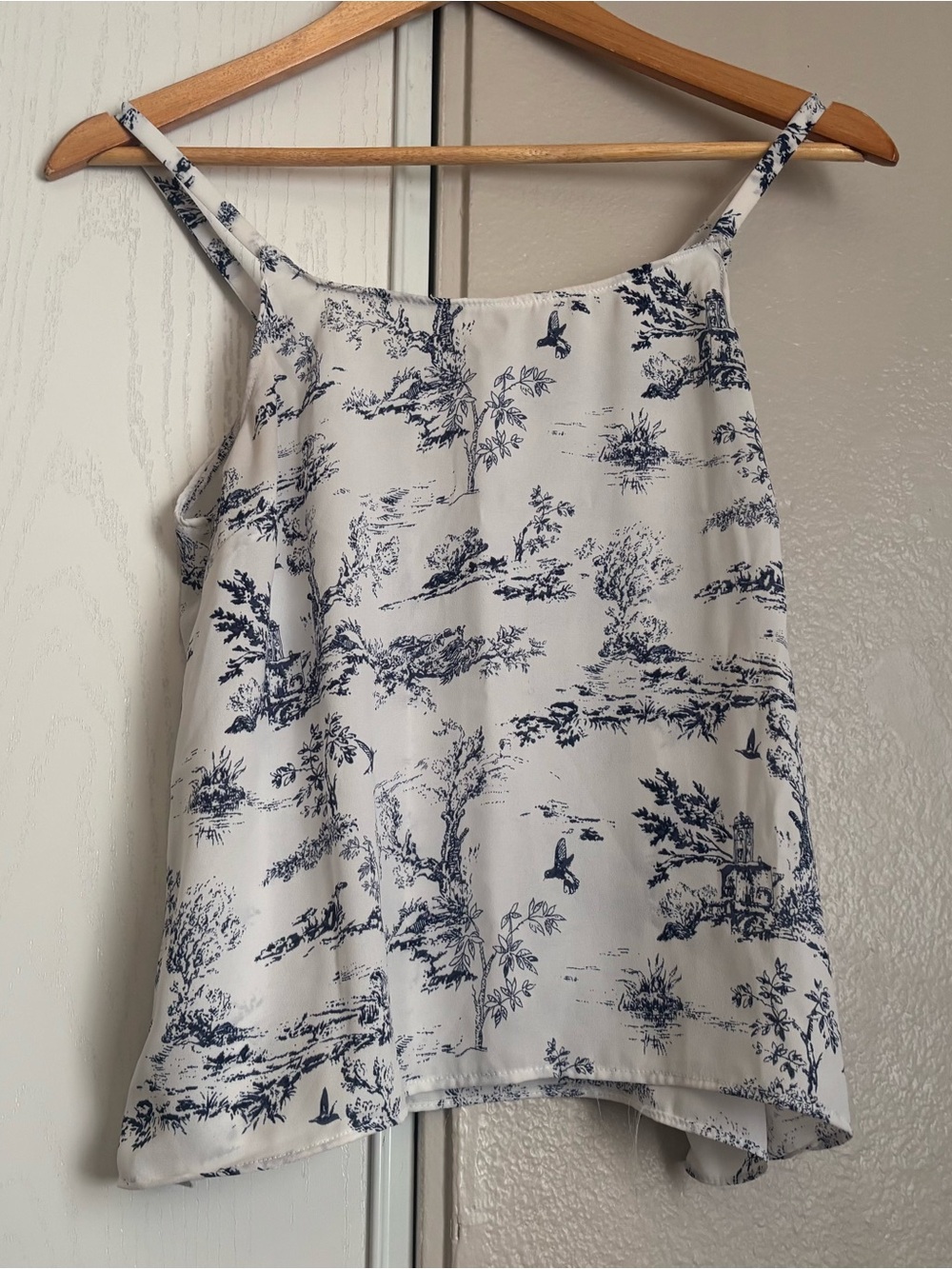 Women’s White and Navy Toile Print Spaghetti Strap Top